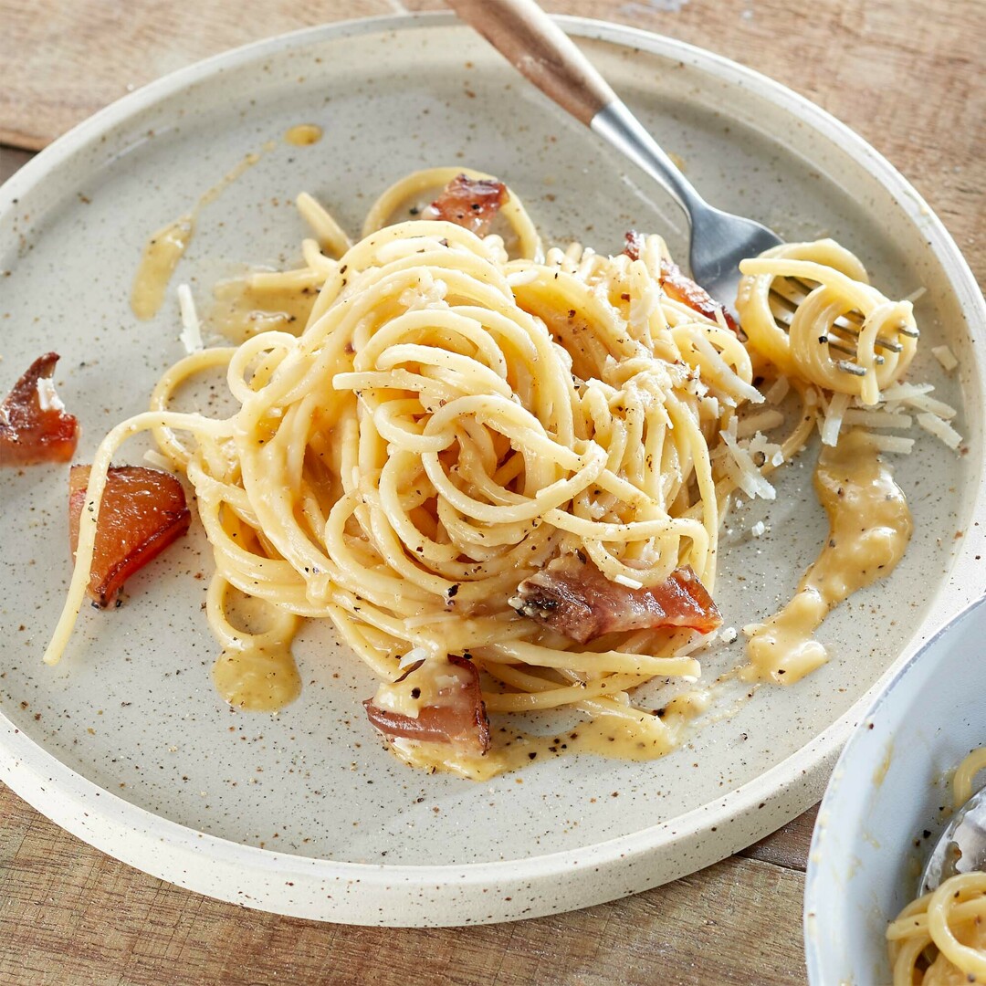 Recept: spaghetti carbonara.
